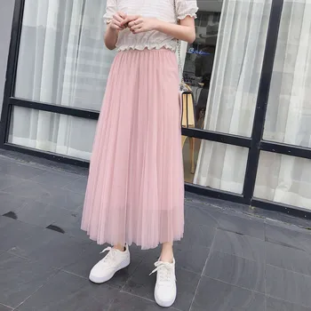 

Women Casual Flowy Pleated Tulle Skirts Ankle Length Midi A Line Elastic Waist Party Mesh Skirts Y6