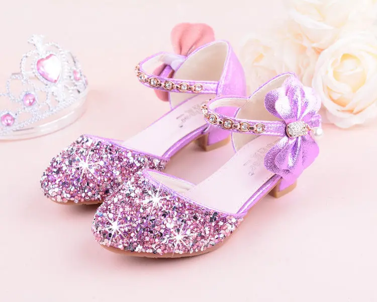 Girls sandals high heels spring and summer rhinestones bow princess Performance /wedding crystal single shoes shiny silver