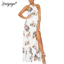Ruiyige 2018 Mulheres Da Praia do Verão Vestido Floral Halter Backless Alta Dividir Oco Out Tie Cintura Recorte Maxi Vestido de festa vestido