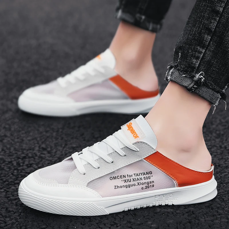

FAN PAO 2019 Summer Breathable Skateboard Flat Platform Canvas Transparent Slipper Easy Slip on Men Loafers Fashion Walking Shoe