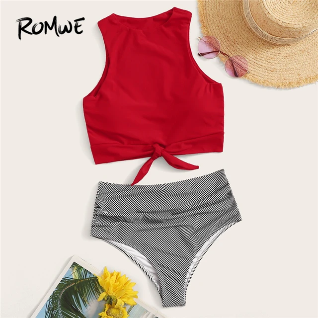 {Excellent|Wonderfull|Very Good|Very Recommended} Romwe Sport Bikinis Set Knot Hem Top With Ruched Striped High Waist Bottoms Swimwear Women Summer High Waist Wire Free Swimsuit Special Offers