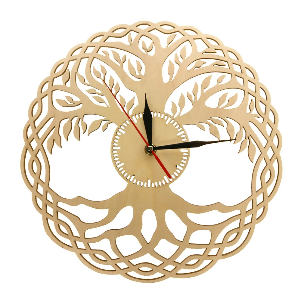 Large Wall Clock Round Wooden Tree of Life Design Hanging Home Decor Gift 50cm 