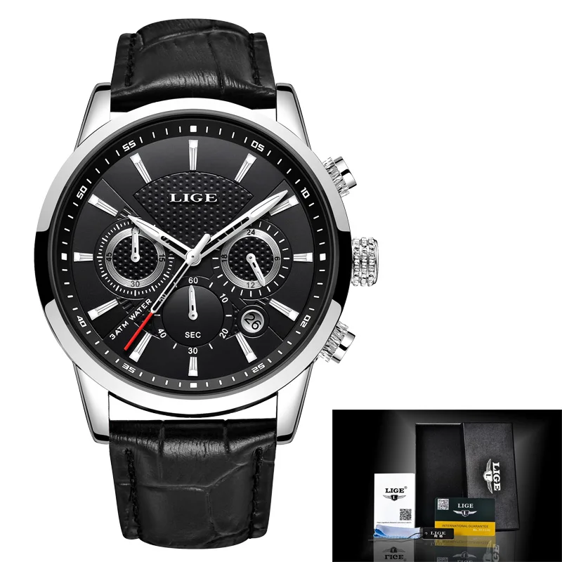 LIGE модные мужские часы Лидирующий бренд Luuxury синие кварцевые часы мужские повседневные кожаные водонепроницаемые спортивные хронограф Relogio Masculino - Цвет: Silver black