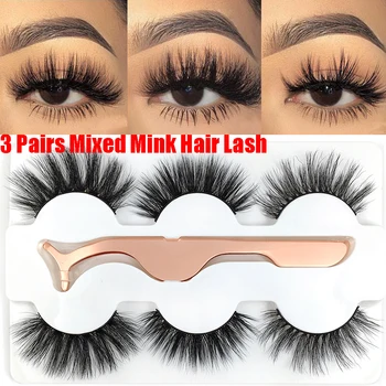 

3 Pairs Thick Natural Mink False Eyelashes With Tweezer Crisscross Makeup Eyelash Fluffy Mink Fake Lashes for Women's Fashion