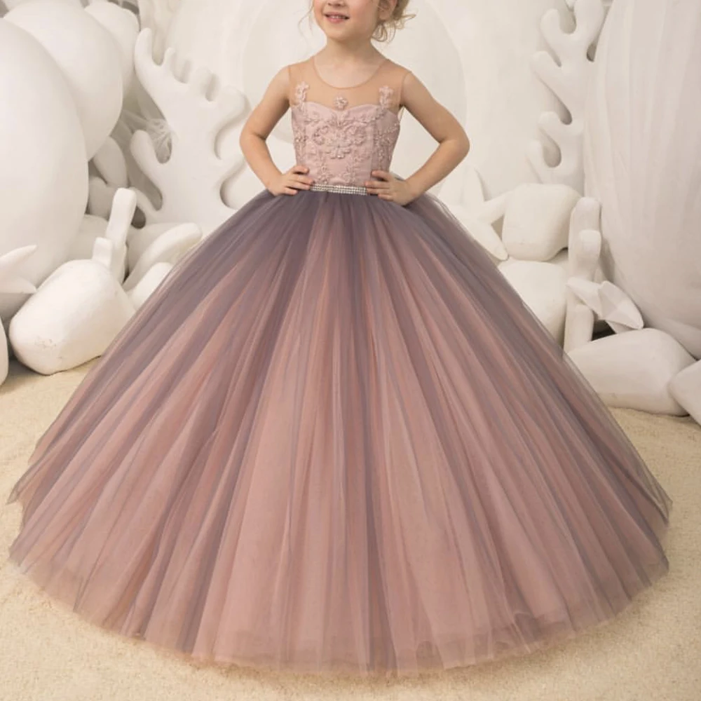 

kids pageant dresses flower girls dress pink crew neckline tulle ball gown floor length long little girls party dresses