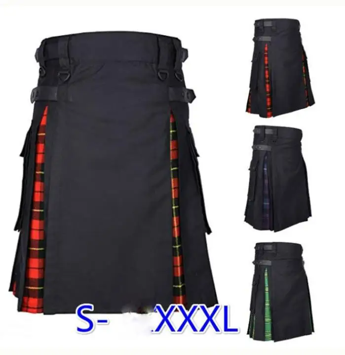 

Men's Medieval Style Warrior Kilt Patchwork Pleated Tartan Kilt Pocket Cargo Kilt with Genuine Leather Straps Modern Hybrid Cott