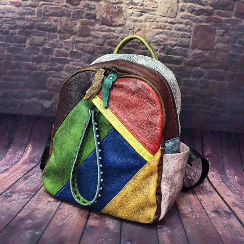 

Vintage Ladies Patchwork Backpack Multifunction High Quality Genuine Leather Pack Bags Casual Cool Large Bags for Women