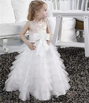 

New High Quality White Girls Birthday Dress Crew Neck Tulle Sleeveless Flower Girl Dress Custom Made