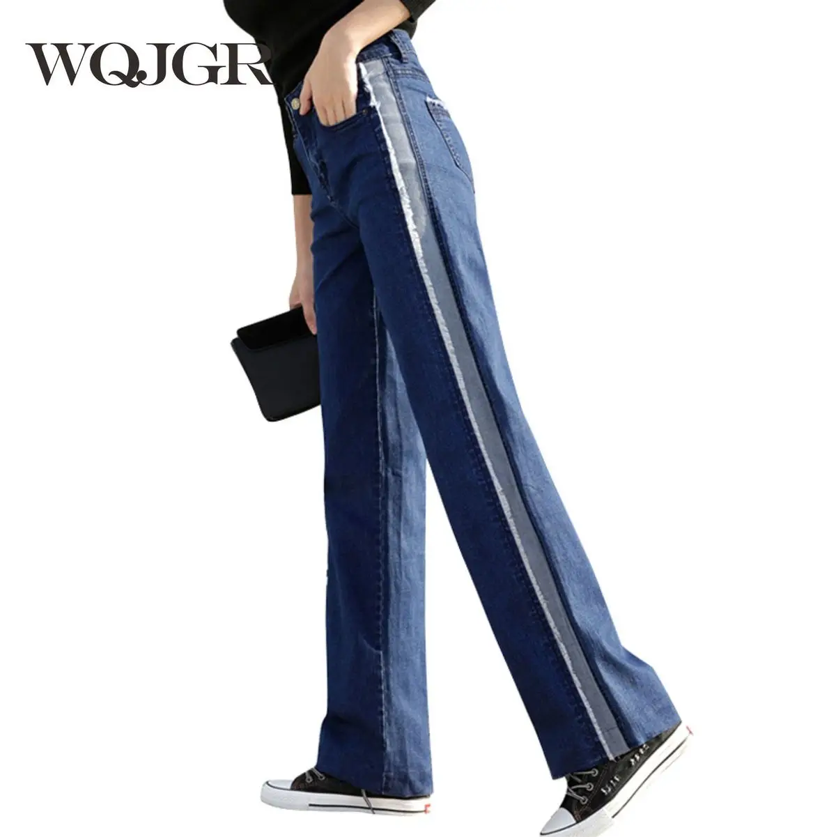 WQJGR, новинка, осенние и весенние джинсы с высокой талией, женские широкие брюки, высокое качество, джинсы из джинсовой ткани, длинные штаны - Цвет: Синий
