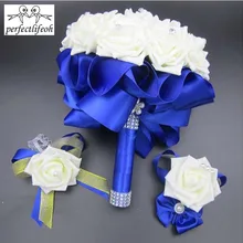 Erfectlifeoh 3 шт. набор букет и запястье корсаж и бутоньерка синий buque de noiva Белый искусственная Роза свадебные подружки невесты