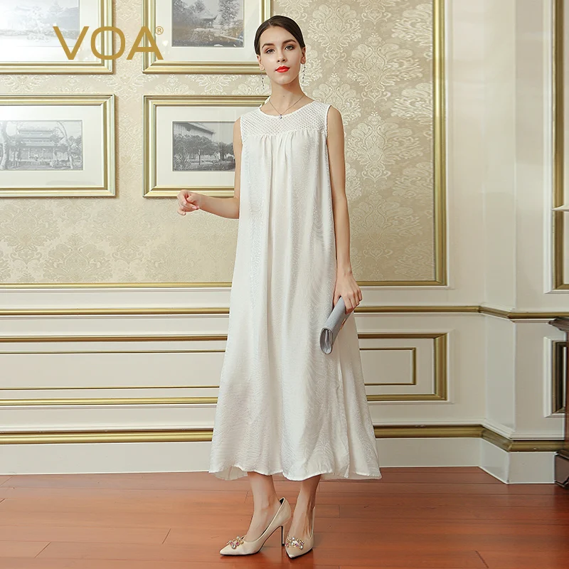 

VOA 2018 Summer Sleeveless Pure White Silk Jacquard Hollow Out Casual Elegant O-neck Loose Plus Size Women Maxi Dresses A6915