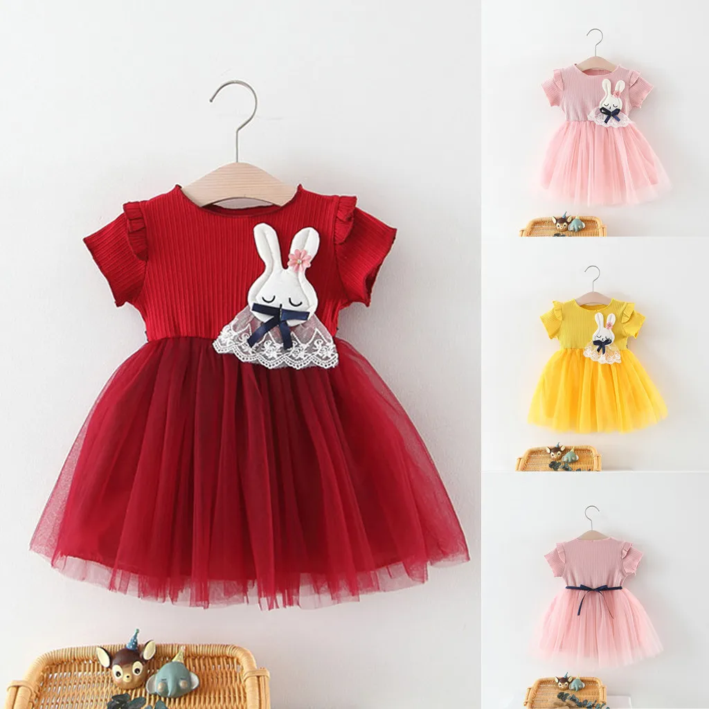

CHAMSGEND Toddler Baby Girls Cotton Blend Ruched Patchwork Rabbit Tulle Skirt Party Princess Fashion Dresses FEB28 P30
