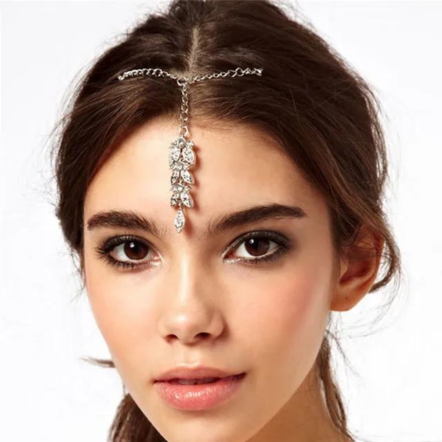 Crystal Leaf Pendant Hair Clip Forehead Chain Head Piece For Women