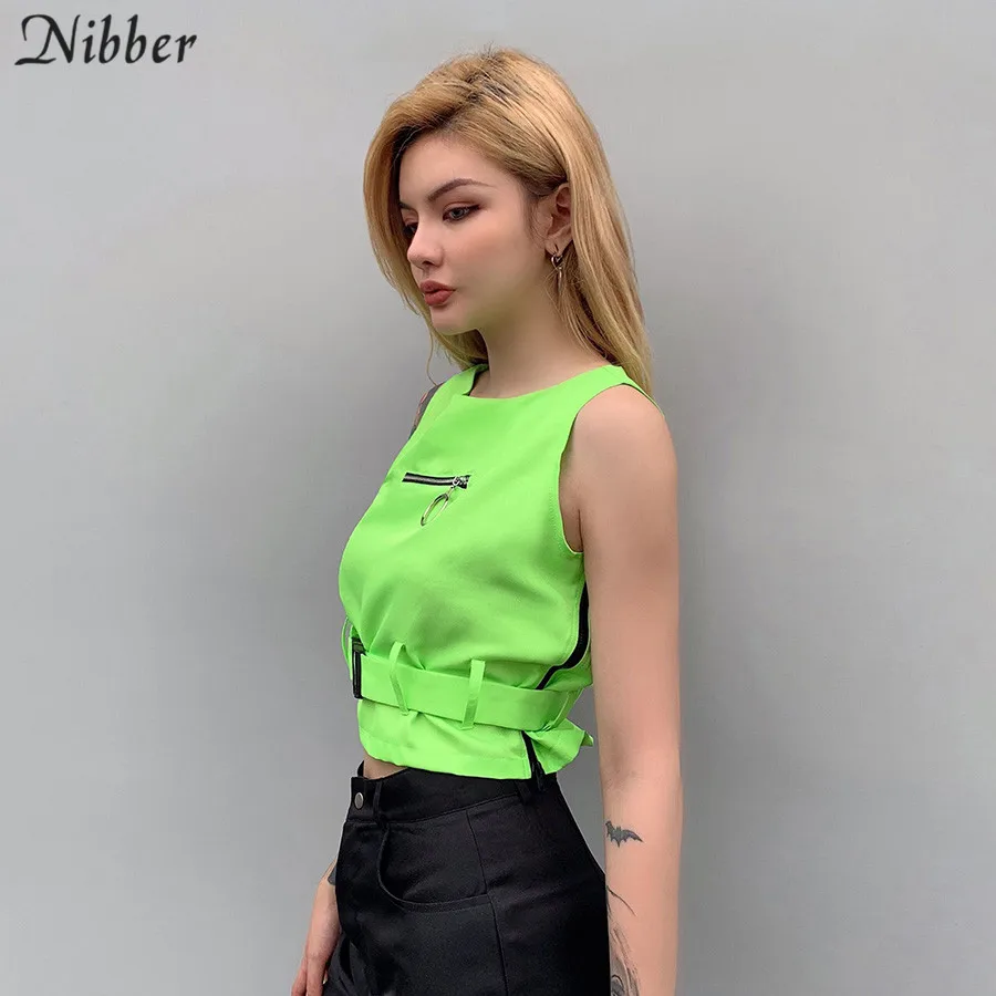 Nibber Лето неоновый зеленый пояс украшения короткие топы женские без рукавов teeshirt модная базовая женская уличная повседневная одежда футболка