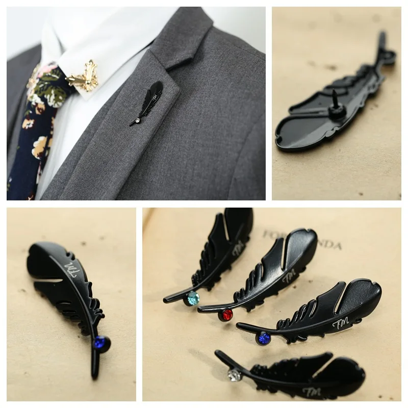 أنا-Remiel الرجعية المعادن ريشة حجر الراين الأسود بروش دبوس للنساء و الرجال مشبك التلبيب دبابيس اللباس دعوى قميص طوق اكسسوارات