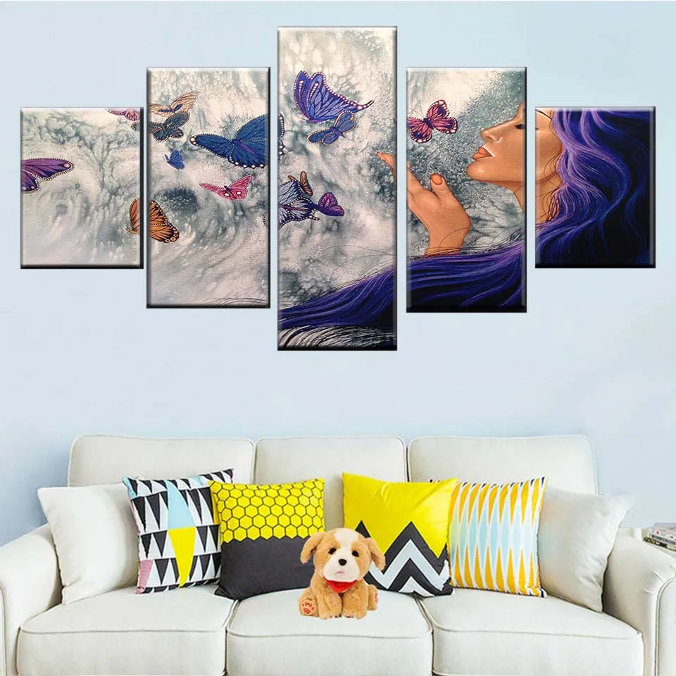

HD print 5 piece woman and butterfly canvas abstract art poster decoration modern living room mural modular picture