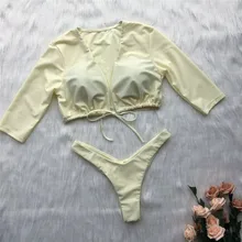 Сексуальный женский Монокини, мягкий комплект бикини, купальник, купальный костюм с длинным рукавом, бандаж, укороченный топ+ стринги, откровенный, из двух частей, купальник