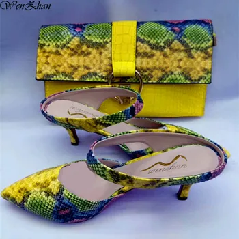 

WENZHAN Hot sale yellow snake PU leather 7CM short heel fashion soft shoes pointed toe With Matching Clutch Bags Sets 079-19