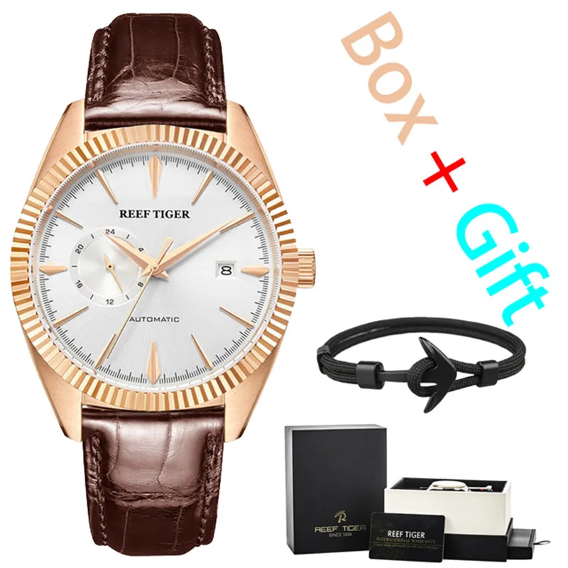 

Reef Tiger Top Brand Luxury Mechanical Date Watch Men Leather Brown Strap Multifunction Automatic Watches relogio masculino+Box