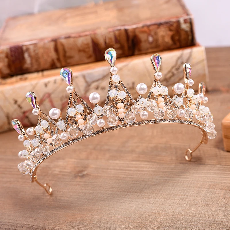 

Rose Gold Wedding Queen Diadem Pearl Bride Headband Vintage AB Crystal Bead Tiara And Crown Hairband For Prom Women Hair Jewelry