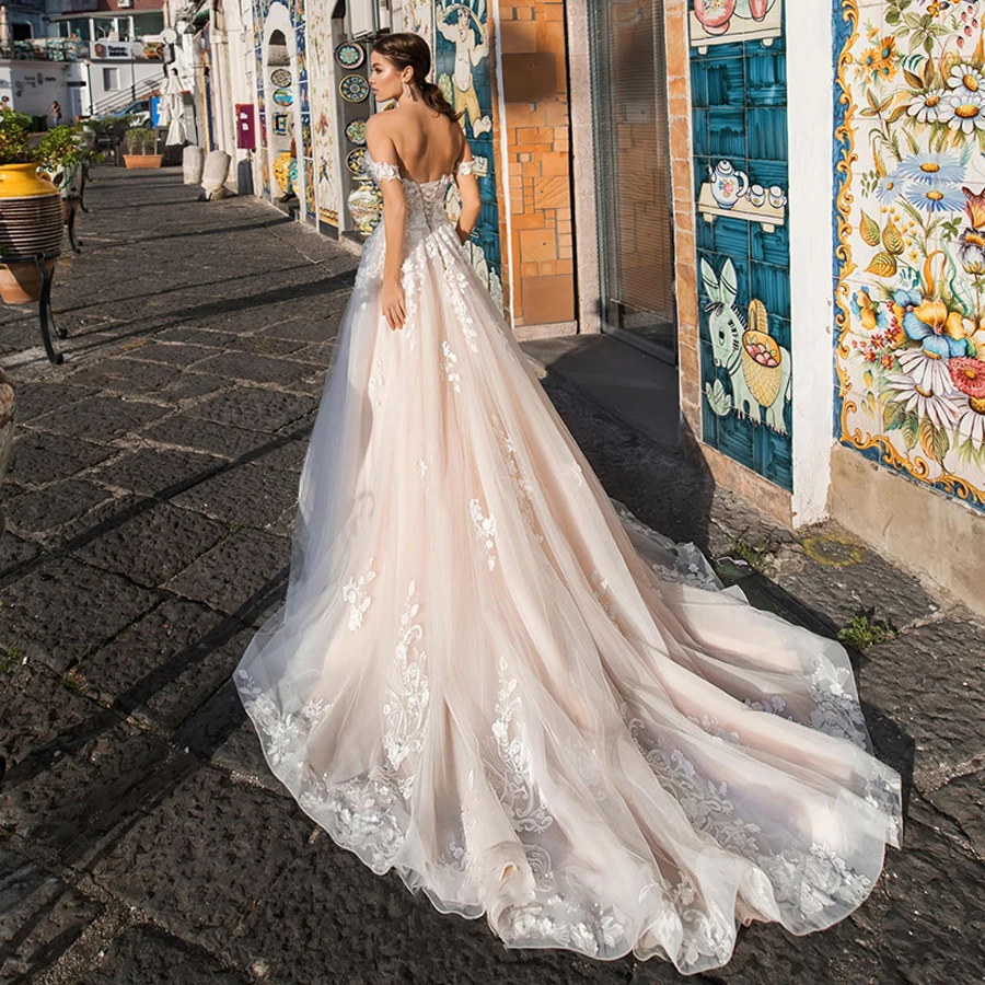 Illusion Wedding Dresses Customized Tulle with Lace Appliques Sexy Off the Shoulder A-line Summer  Dress vestido de noiva 5
