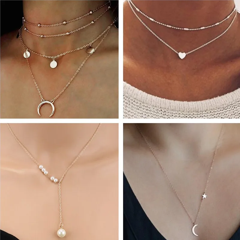 

Tenande Simple Style Multi-Layer Moon Leaves Feather Heart Chain Necklaces & Pendants for Women Valentine's Day Gifts Berloque