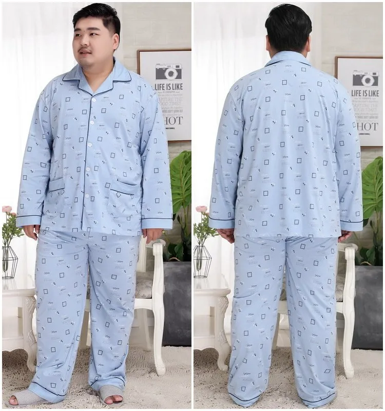 Новинка, мужские весенние пижамные комплекты из хлопка размера плюс, очень большая мягкая одежда для сна с длинными рукавами и отложным воротником