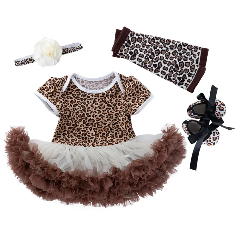 

Leopard Fashion Girl Baby Clothing Set Tutu Skirt 4Pcs Newborn Baby Girls Clothes Short sleeve O-Neck Roupa Infantil Kid Suit
