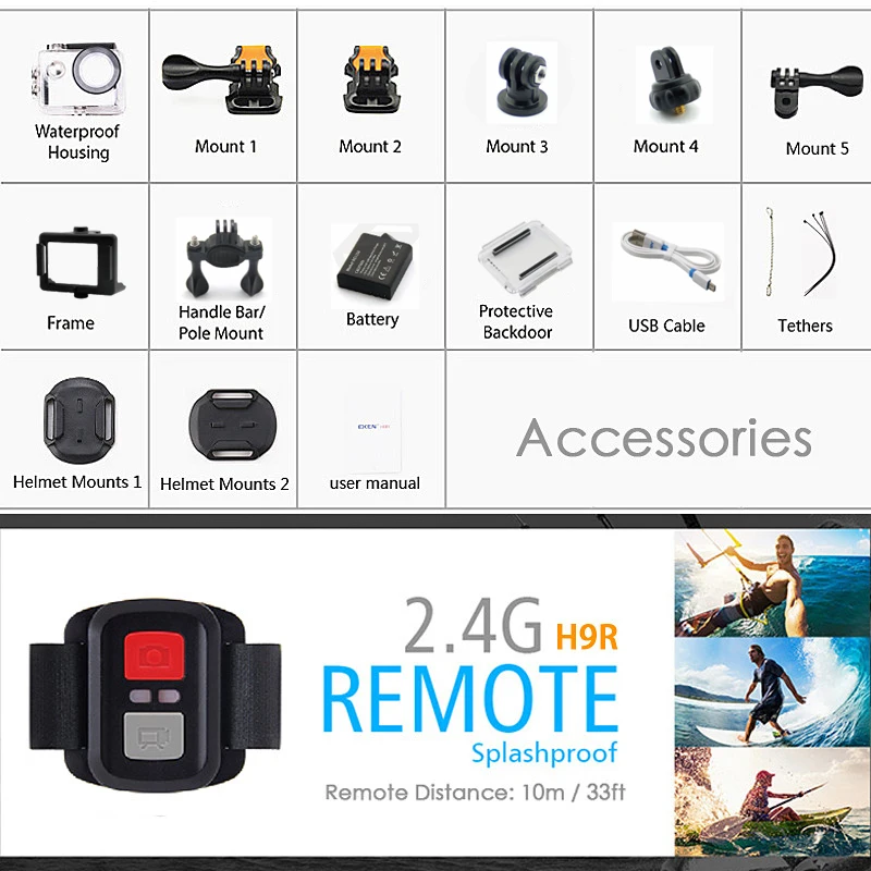 EKEN H9 / H9R Экшн камера 4K 30FPS Ultra HD WiFi 2 0 170D подводный водонепроницаемый шлем