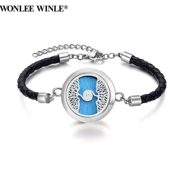 

316l Stainless Steel Magnet Genuine Black Leather Tree of Life Diffuser Bracelet Camo Essential Oil Perfume Locket Bracelet