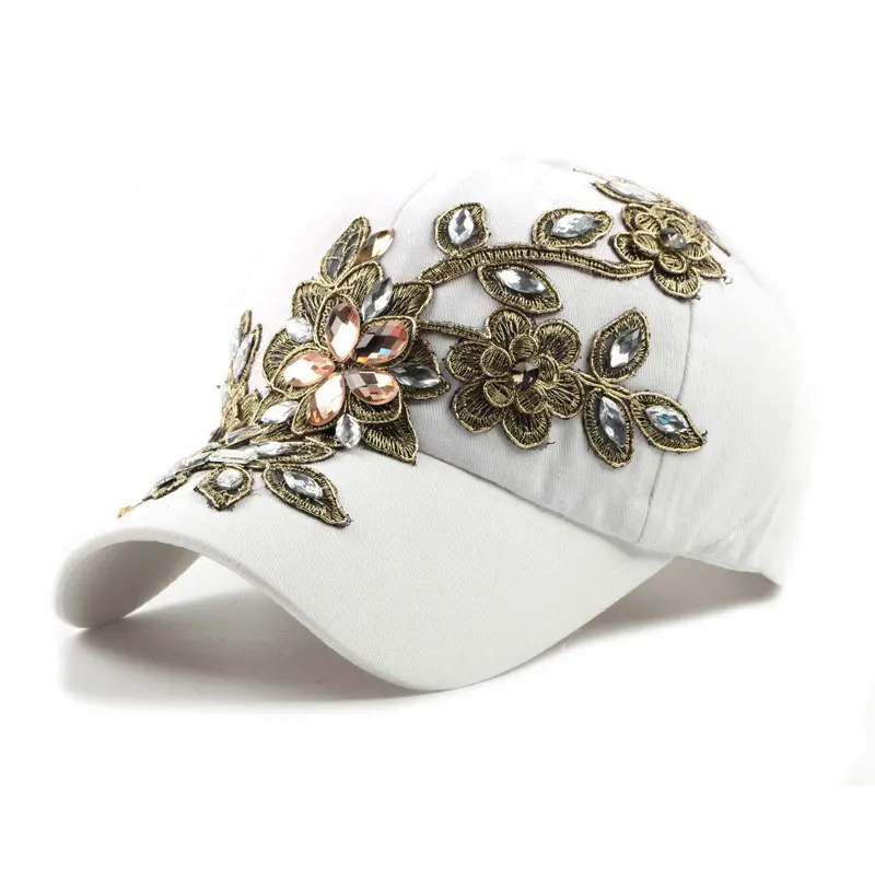 Деним горный хрусталь Женская Бейсбол кепки Винтаж Роскошный Цветочный узор Gorras женский высокое качество стекло шапка с бриллиантом - Цвет: white