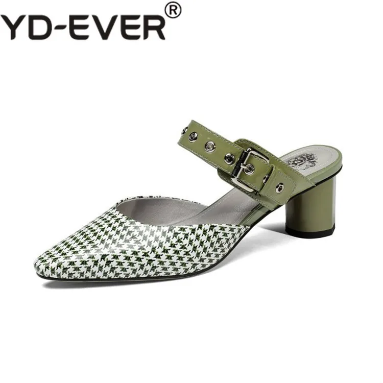 

2019 women slippers summer Genuine leather Metal slip on pointed toe Green color pumps slides sandals women mules