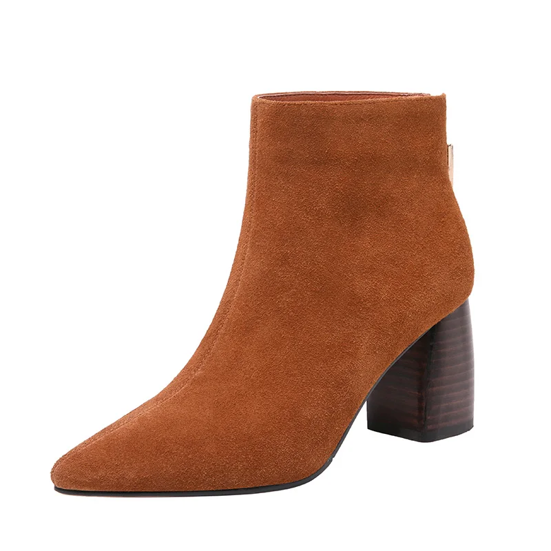 ISNOM/осенние ботинки на высоком каблуке; женские ботильоны с острым носком; модная офисная женская обувь из коровьей замши; короткая плюшевая зимняя обувь - Цвет: caramel colour