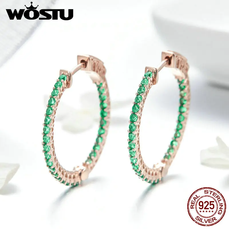 

WOSTU Hot Fashion Real 925 Sterling Silver Round Green Earrings For Women Fashion Hoop Earrings For Women Silver Jewelry FIE511
