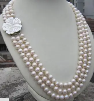 

3 ROW 9-10MM natural south sea white Pearl Necklace 20-22"