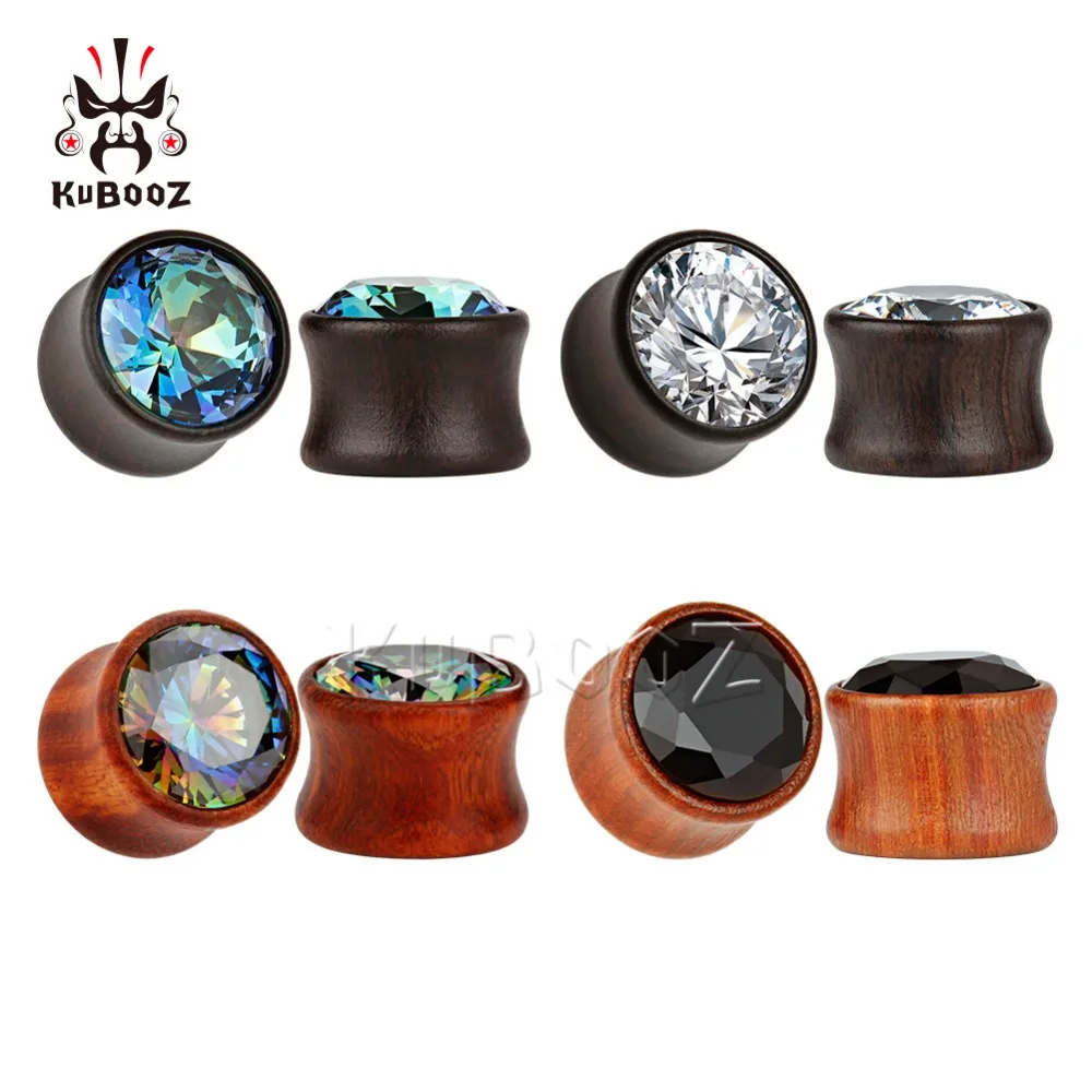 

KUBOOZ 10PCS Ear Wood Plugs Tunnels Red Sandalwood Zircon Piercing Body Jewelry Fashion Earrings Black Expander For Gift Unisex