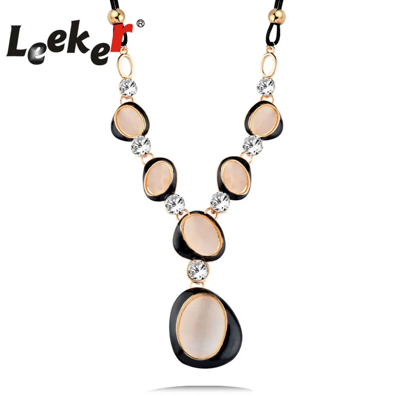 

LEEKER Gothic Style Opal Oval Pendant Statement Necklace Black Leather Choker Chain Women Party Jewelry LK8