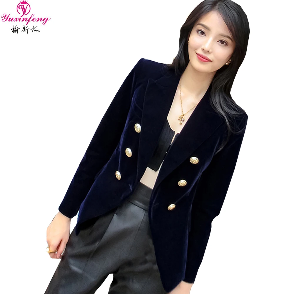 

Yuxinfeng Spring Blue Velvet Blazer Women Button Doule Breasted Fashion Elegant Ladies Office Work Suit Blazer Coat Slim Jacket