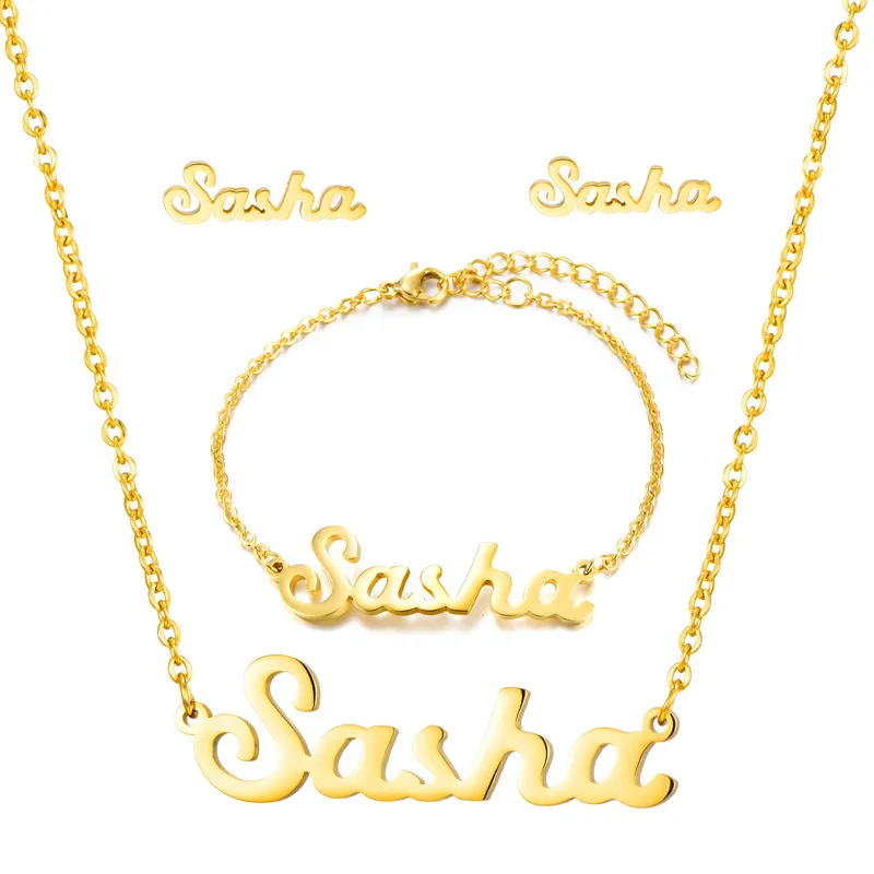 

Custom Name Necklaces Bracelets Earrings For Women Girl Gold Silver Jewelry Sets Stainless Steel Personalized Any Letter Name