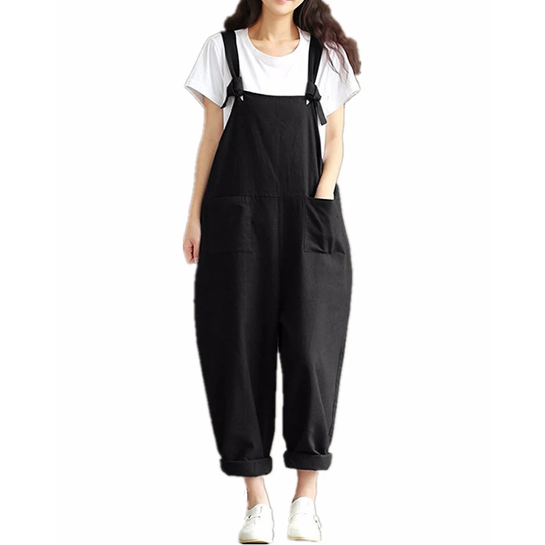 Women Loose Suspender Trousers Solid Color Casual Women