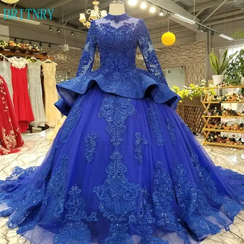 شراءBRITNRY 2019 عالية الجودة الفاخرة الزفاف اللباس الكرة ثوب الدانتيل طويلة الأكمام الزفاف فساتين الأزرق الديكور فستان الزفاف