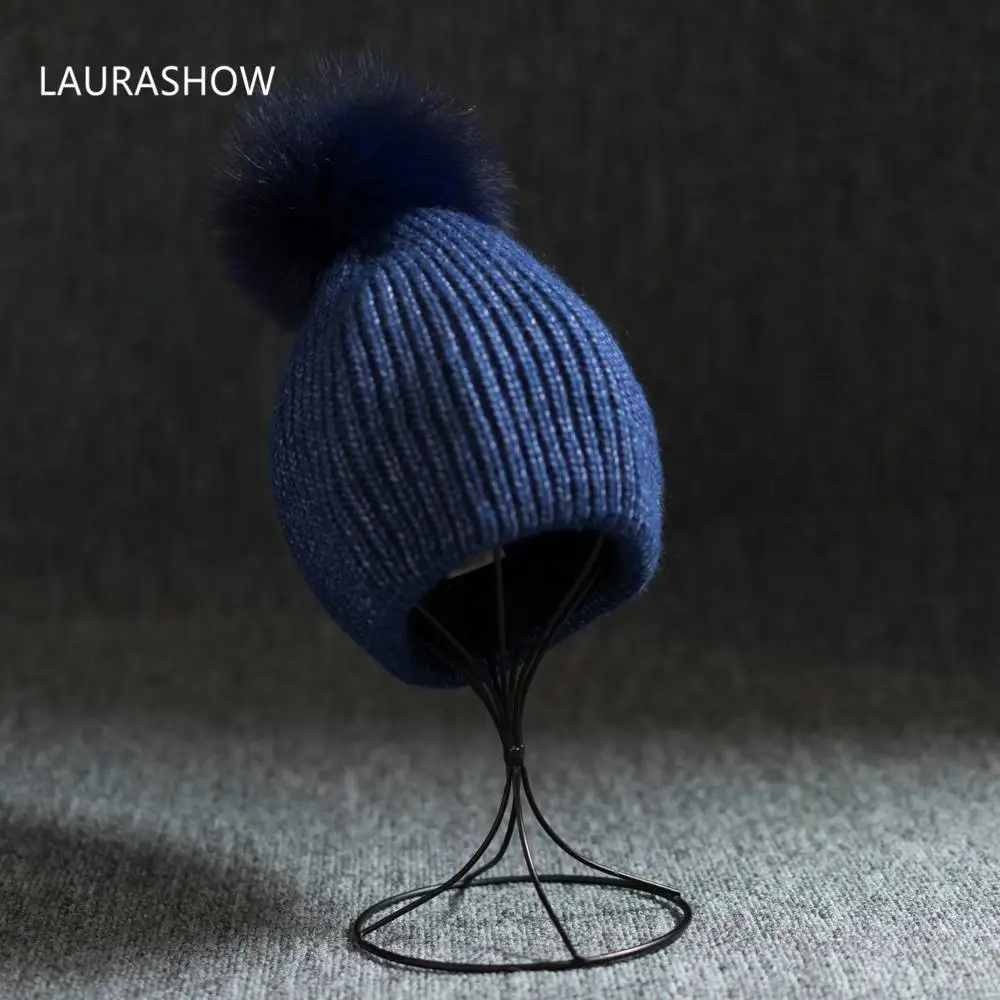 LAURASHOW, зимняя брендовая шапка для взрослых, 14 см, натуральный шарик из меха лисы, помпоны, шапка для женщин, вязаная шапка, шапка Skullies, женские шапочки - Цвет: 14cm Fox Fur Ball