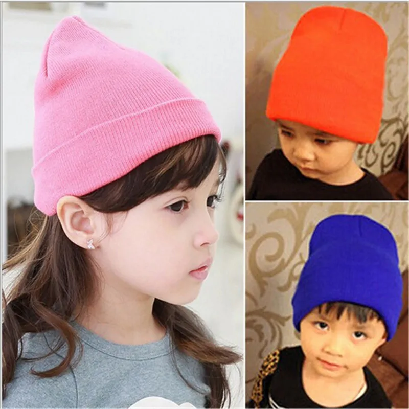 Winter warm knitted candy color baby beanies glowing kids hats high elastic fashion children caps sports headwear accessories