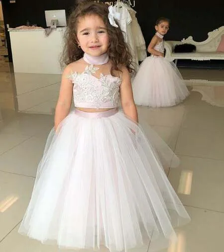 Розовое Пышное фатиновое бальное платье с кружевной аппликацией, платье с цветочным узором для девочек, платье для первого причастия на свадьбу