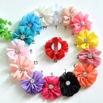 

30PCS/lot Chiffon Flowers Solid Ballerina Blossom Scalloped Flowers with Spark Rhinestone Buttons Center Hair Clip