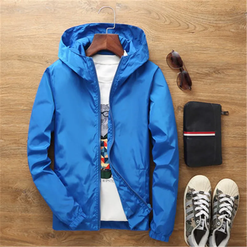 

New Unisex Men Women Cute Red Blue Solid Color Jackets US Spring Autumn Students Casual Zipper Hooded Waterproof Outerwear Coats