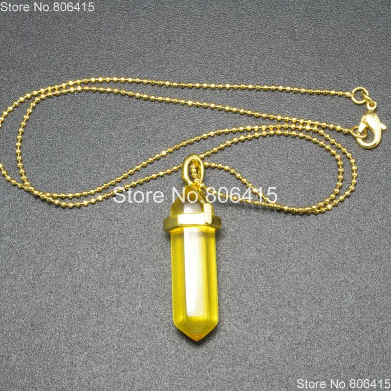 

Gold Natural Citri-ne Quartz Gem stones Hexagonal Pointed Healing Reiki Chakra Pendant Beads 17'' Chain Necklace 5 Strand Pack