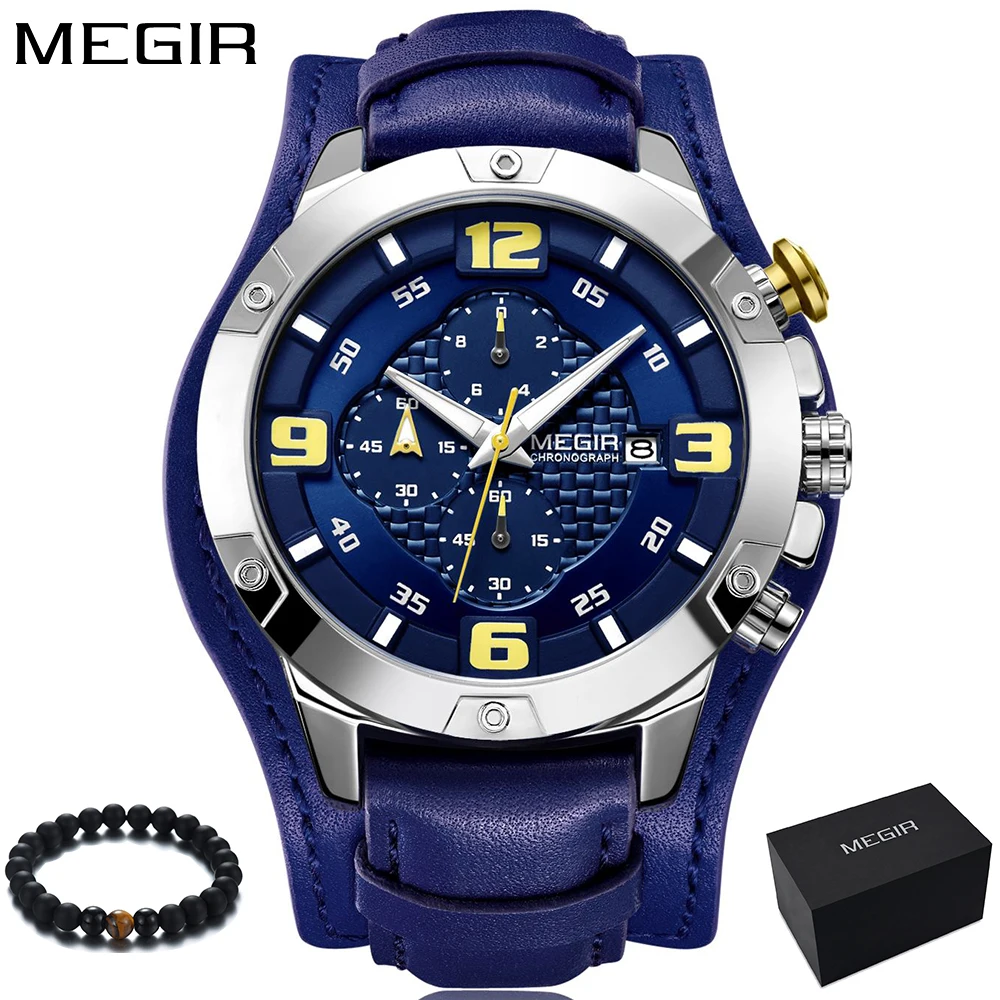

MEGIR Mens Watches Top Brand Luxury Fashion Blue Leather Quartz Watch Men Waterproof Military Sport Wristwatch relojes hombre