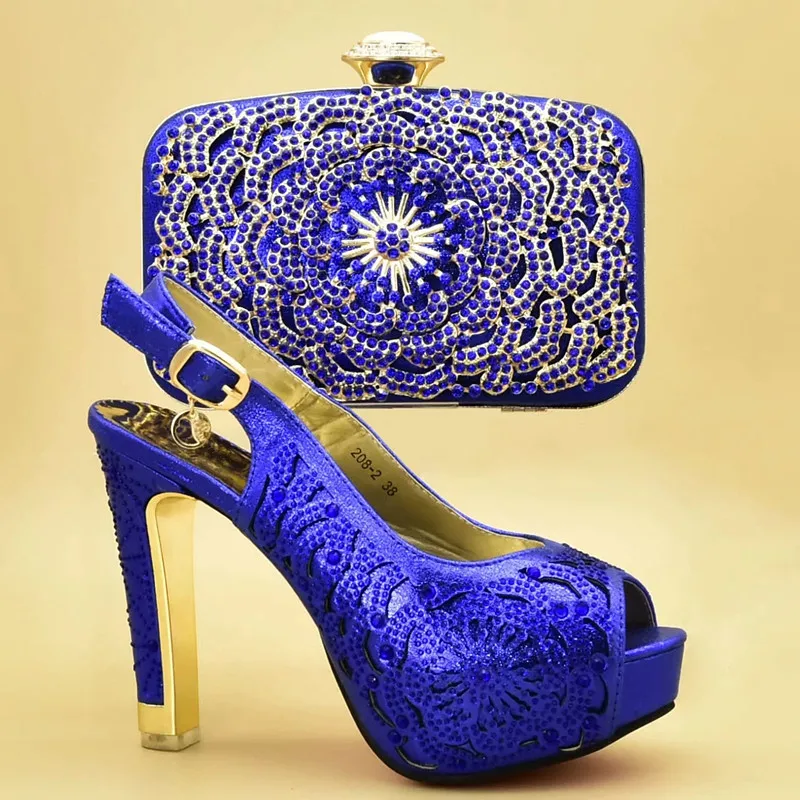 Итальянский комплект из туфель и сумочки красного цвета, украшенный стразами, комплект из туфель и сумочки в африканском стиле г. Обувь в нигерийском стиле и сумка в комплекте - Цвет: Синий
