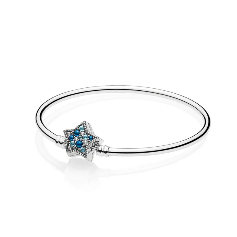 

Dream Big and Shine Like A Star Silver Bangles Crystal Blue Star Shape Clasp Winter Silver 925 Jewelry DIY Charm Bracelets Women